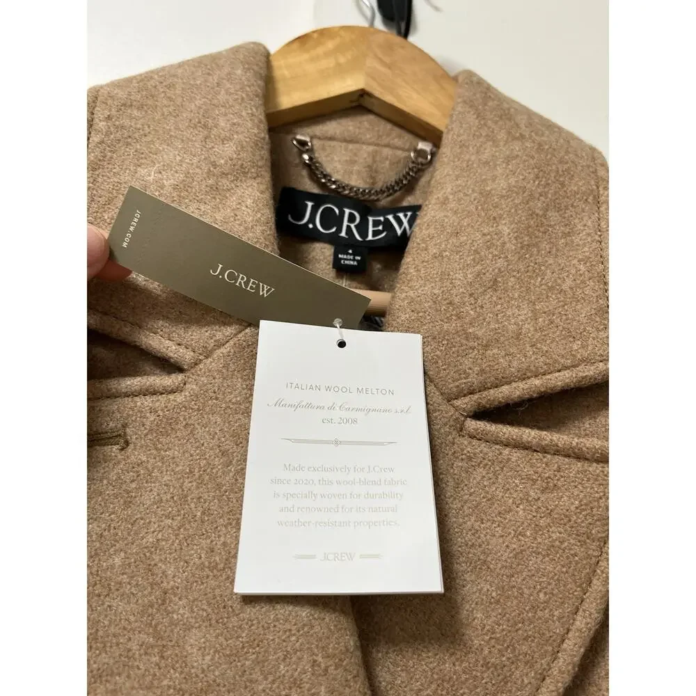J Crew Womens Melton Wool Double Breasted Classic Peacoat Coat Size 4 Soft Brown